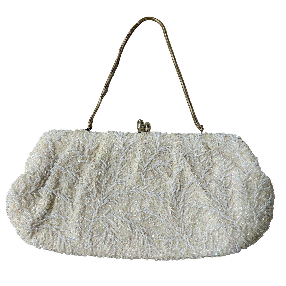 Vintage 50s Hand Beaded Evening Bag Clutch 6 X 10 Made In Hong Kong Wedding Glam